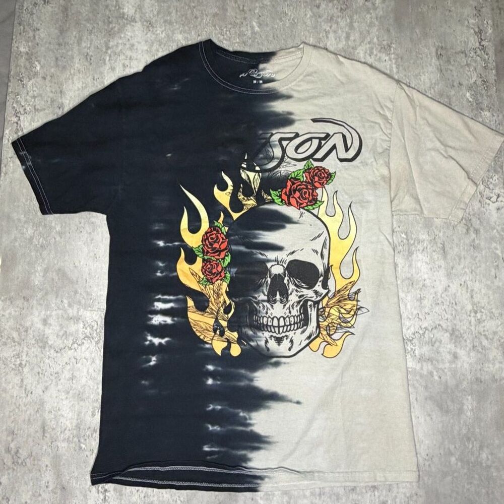 Poison Band T-Shirt Skull Roses Flames Ombre Graphic Size M
